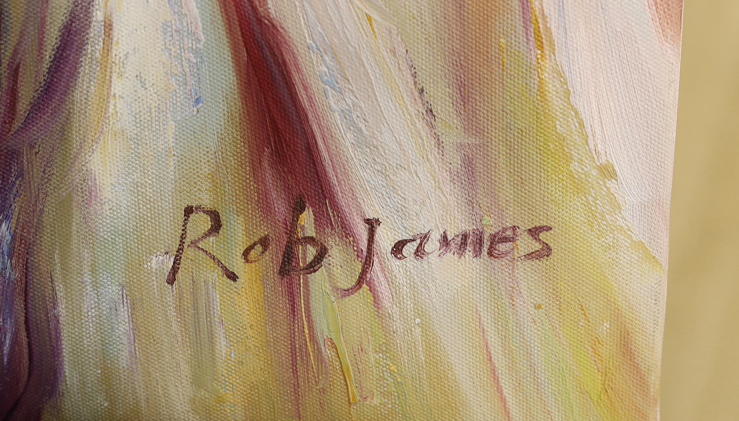 Rob James, acrylic on canvas, Model seated upon a bed, signed, 61 x 51cm, unframed